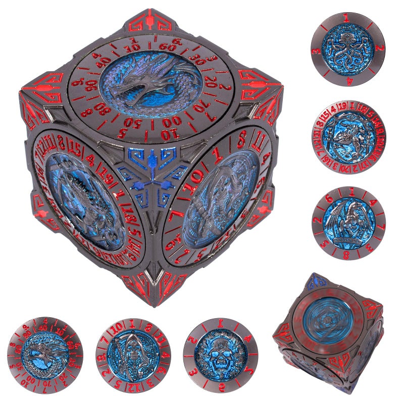 Luazuri DND Spinner Dice 7in1 Metal Dice Set with 3D Relief Dragon Design Unique Spinner Design for Dungeons Dragons Fantasy RPG Polyhedral Dice Set for DD Players DM Bluered - Image 3