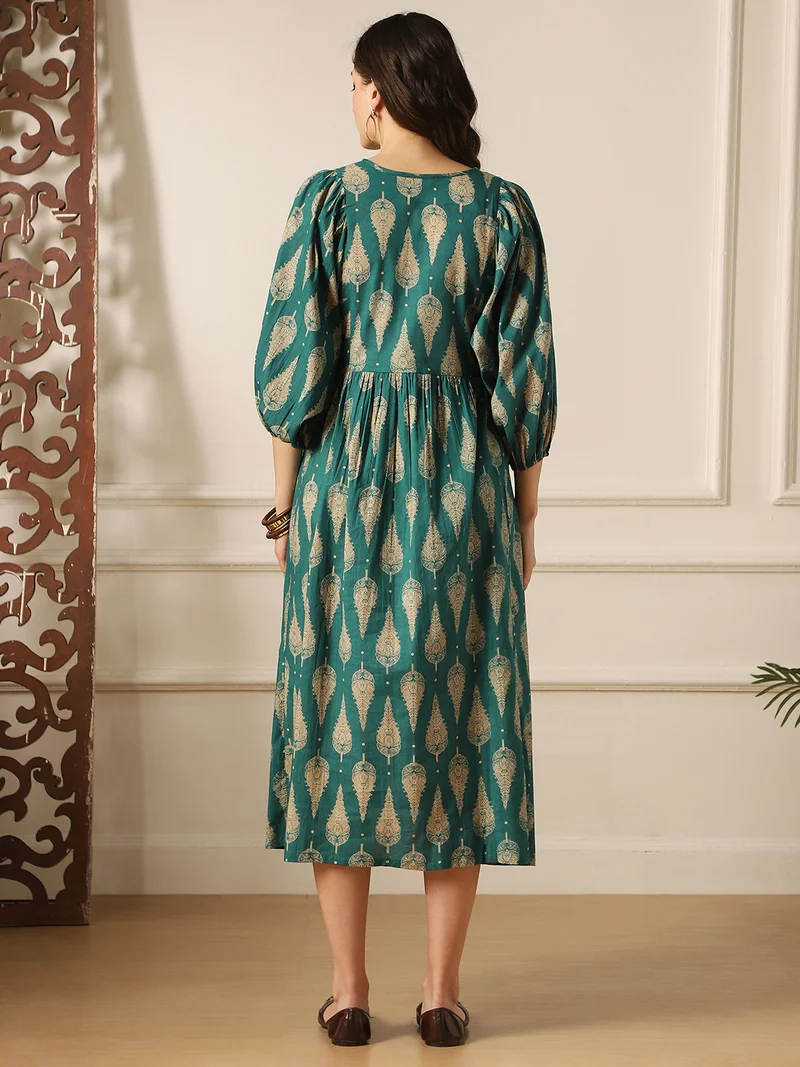 globus  Globus Women Teal Ethnic Print Round Tie-Up Neck Bishop Sleeves Tiered Flit & Flared Midi Dress for Women | Best Price UAE