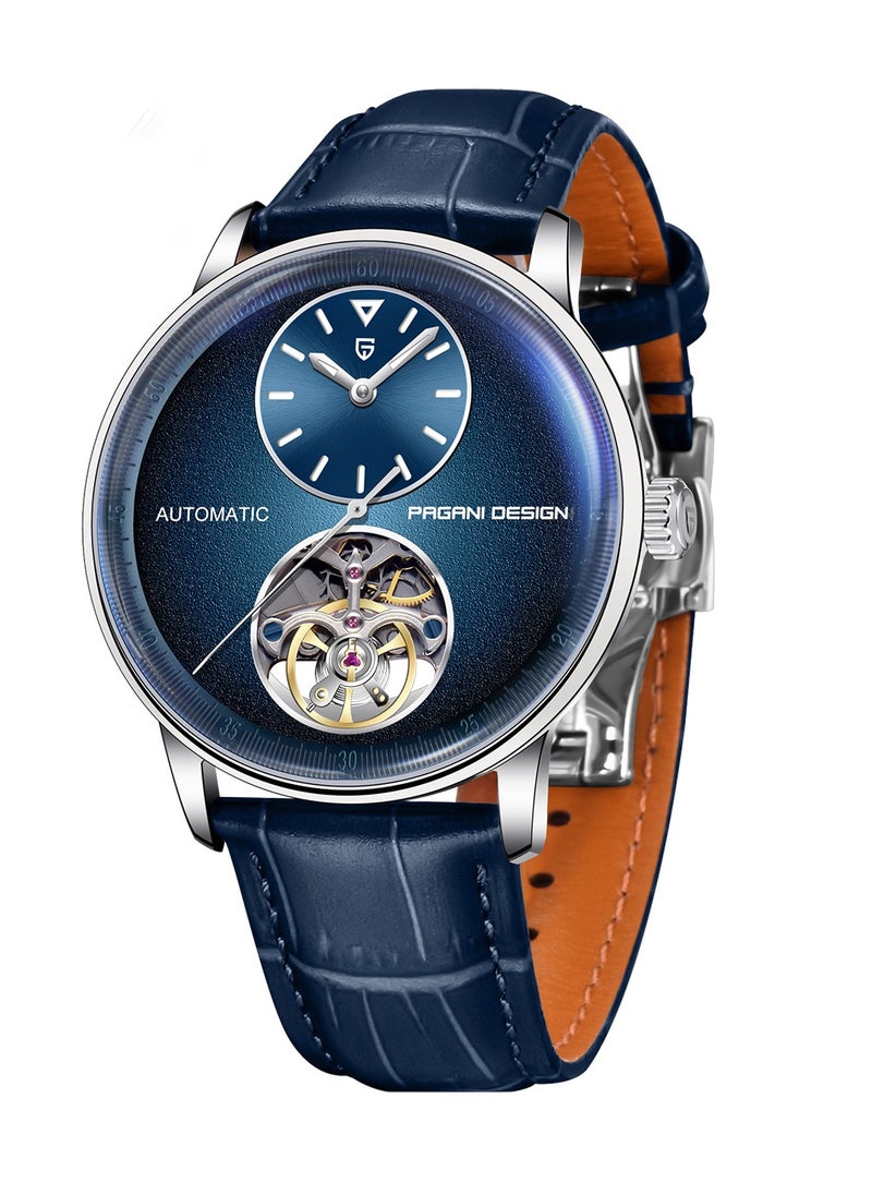 The New Men's Watch, High-Quality Imported Movement, 42mm Silver Frame with Blue Dial and Blue PU Leather Strap, Fashionable and Luxurious PD1796