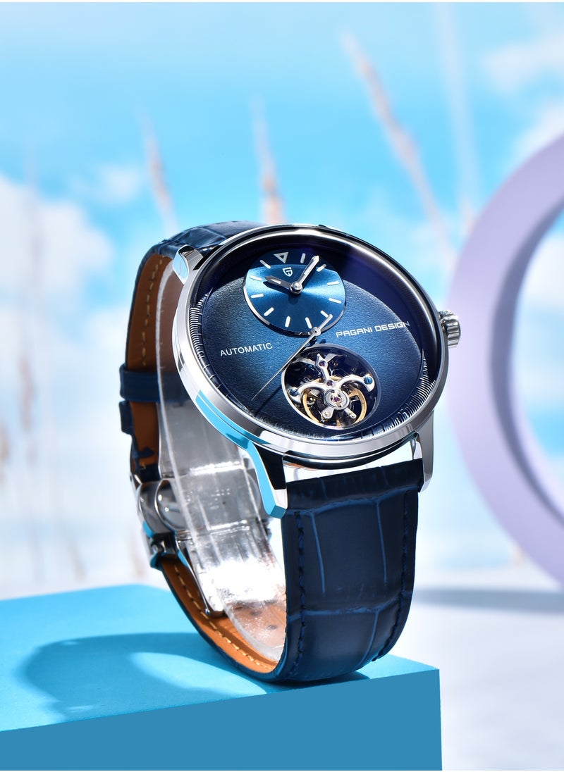 The New Men's Watch, High-Quality Imported Movement, 42mm Silver Frame with Blue Dial and Blue PU Leather Strap, Fashionable and Luxurious PD1796