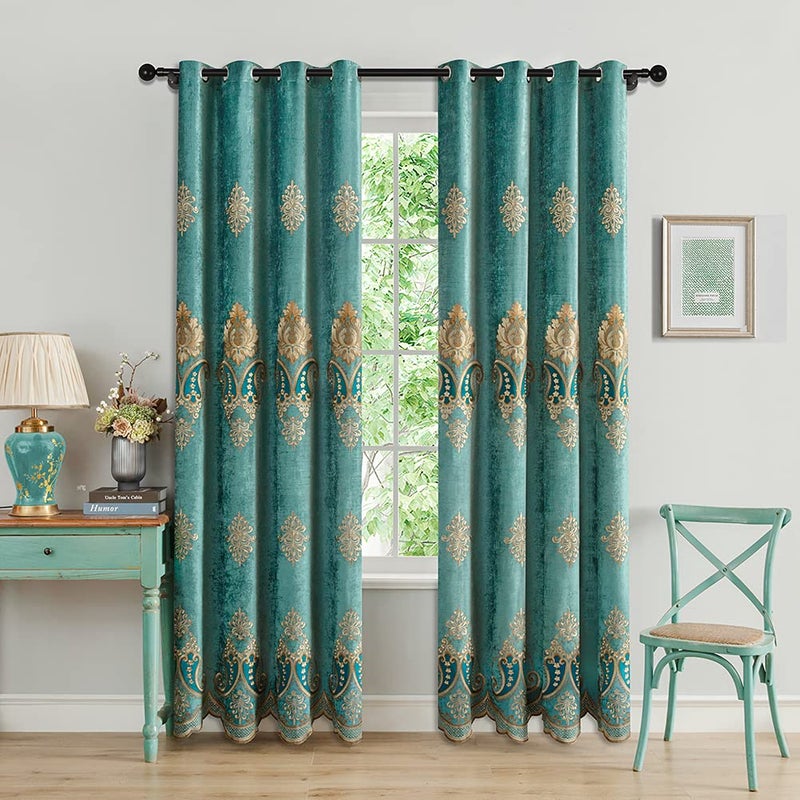 ELKCA Turquoise Chenille Curtain with Embroidered Pattern for Living Room European Curtains for BedroomGrommet Top 52 W x 84 LPack of 2