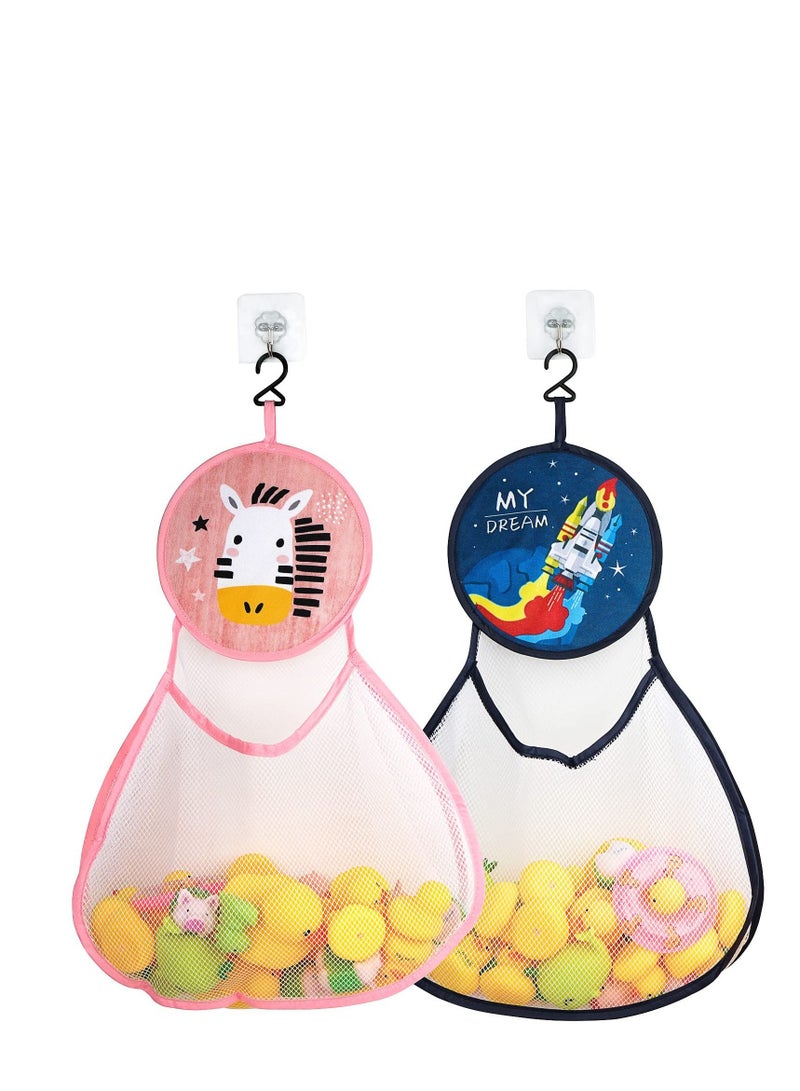 Excefore 2 Pack Bathroom Hanging Toys Storage Bag, Baby Bath Toy Organizer Hanging Bath Toy Storage, with Hooks, Large Capacity Bath Toy Mesh Bag, Rocket and Zebra  - Image 1