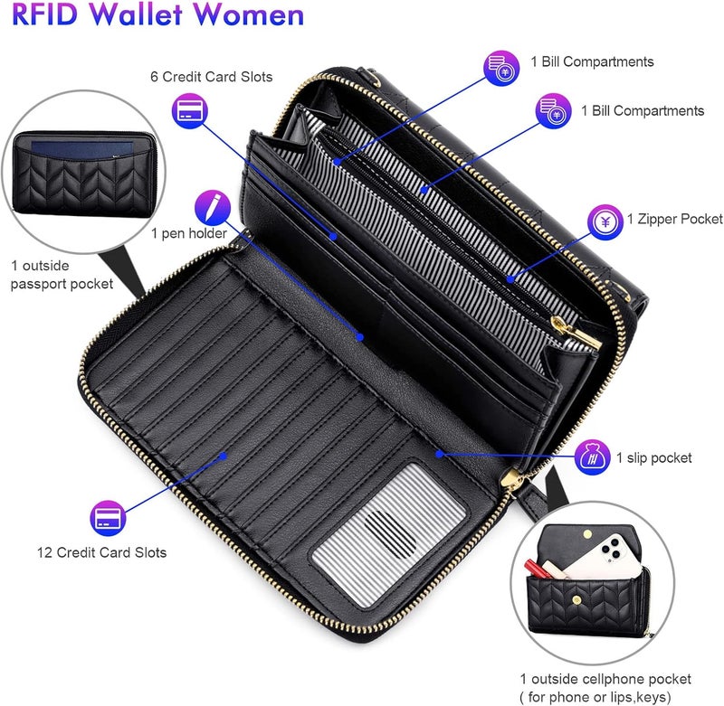 Nuoku Womens RFID Wallet Purse Wristlet Crossbody Clutch with Zip Around 2 Strap - Image 3