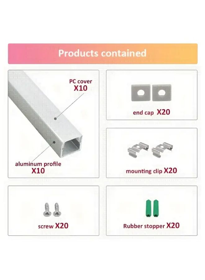 10 قطع من قناة LED على شكل حرف U مصنوعة من الألومنيوم الفضي بطول 1.65 قدم مع غطاء نشر عقيق - Image 2