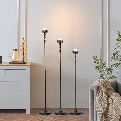 VINCIGANT Floor Candle Holder Centerpieces for Tables,3Pcs Black Candle Holder for Pillar Candles Matte Metal Candlestick Set for Wedding Party Home Candles Holder for Ceremony Mantel Decor (Adjustable Height - Image 1