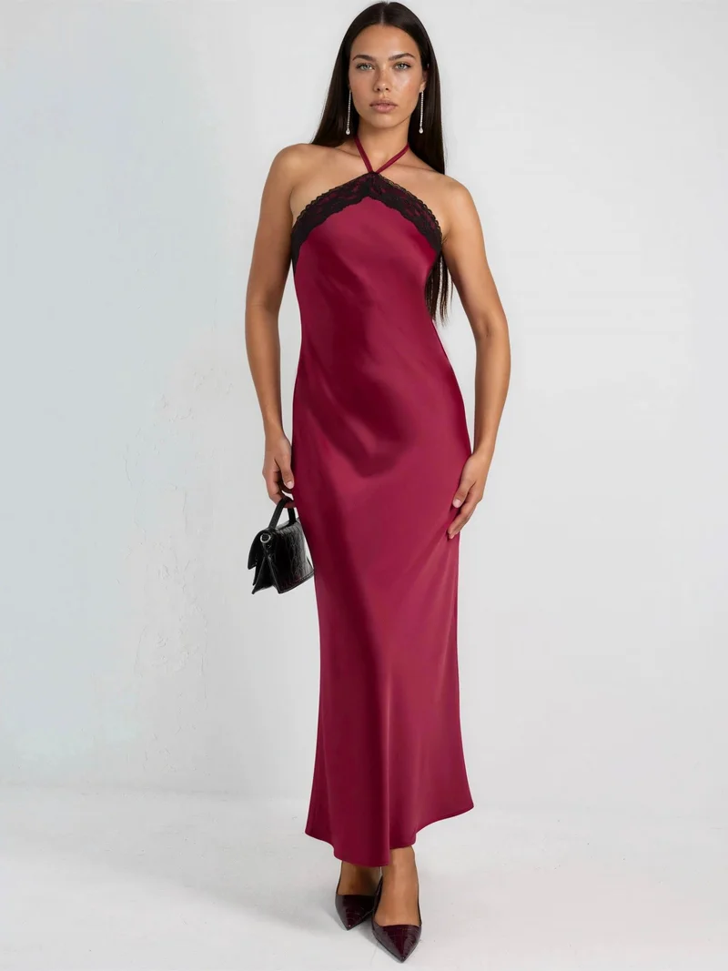 HICCUP Maxi Dress with Halter Collar and Lace Detail
