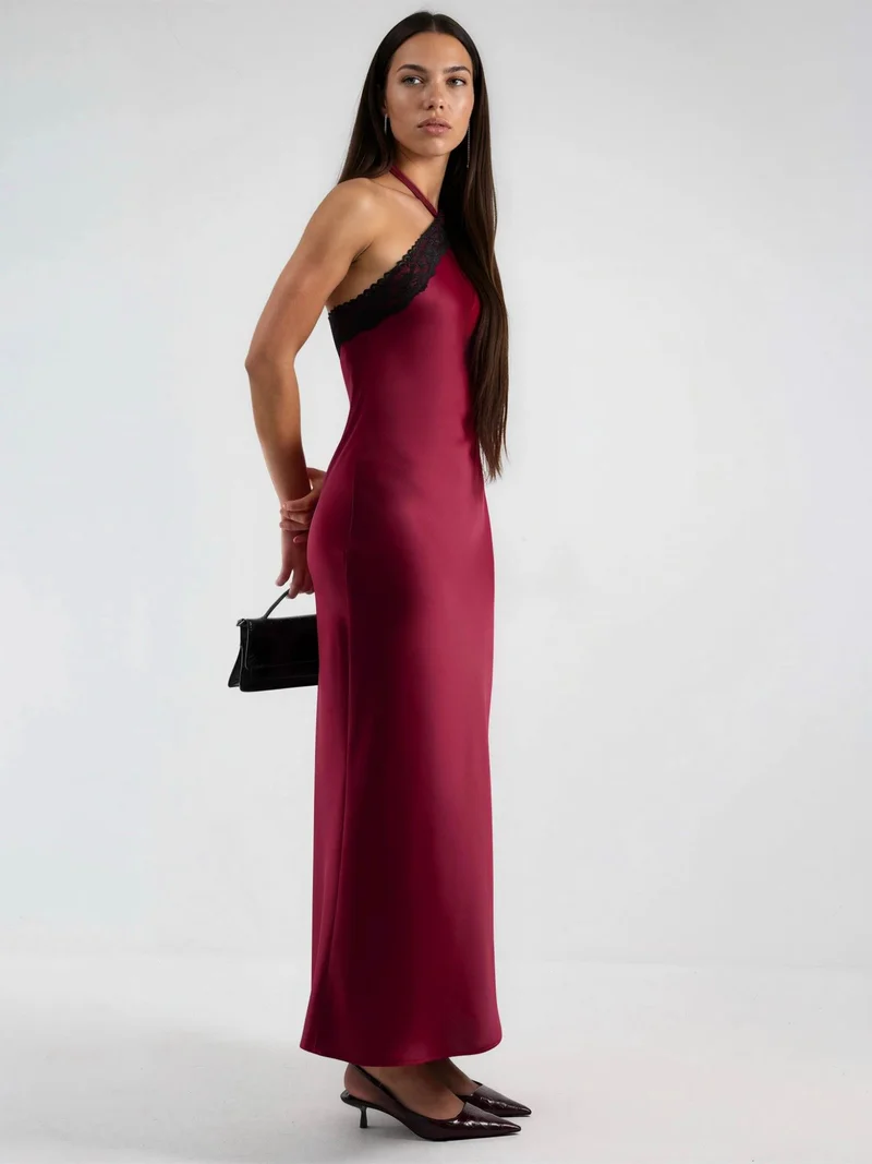 HICCUP Maxi Dress with Halter Collar and Lace Detail