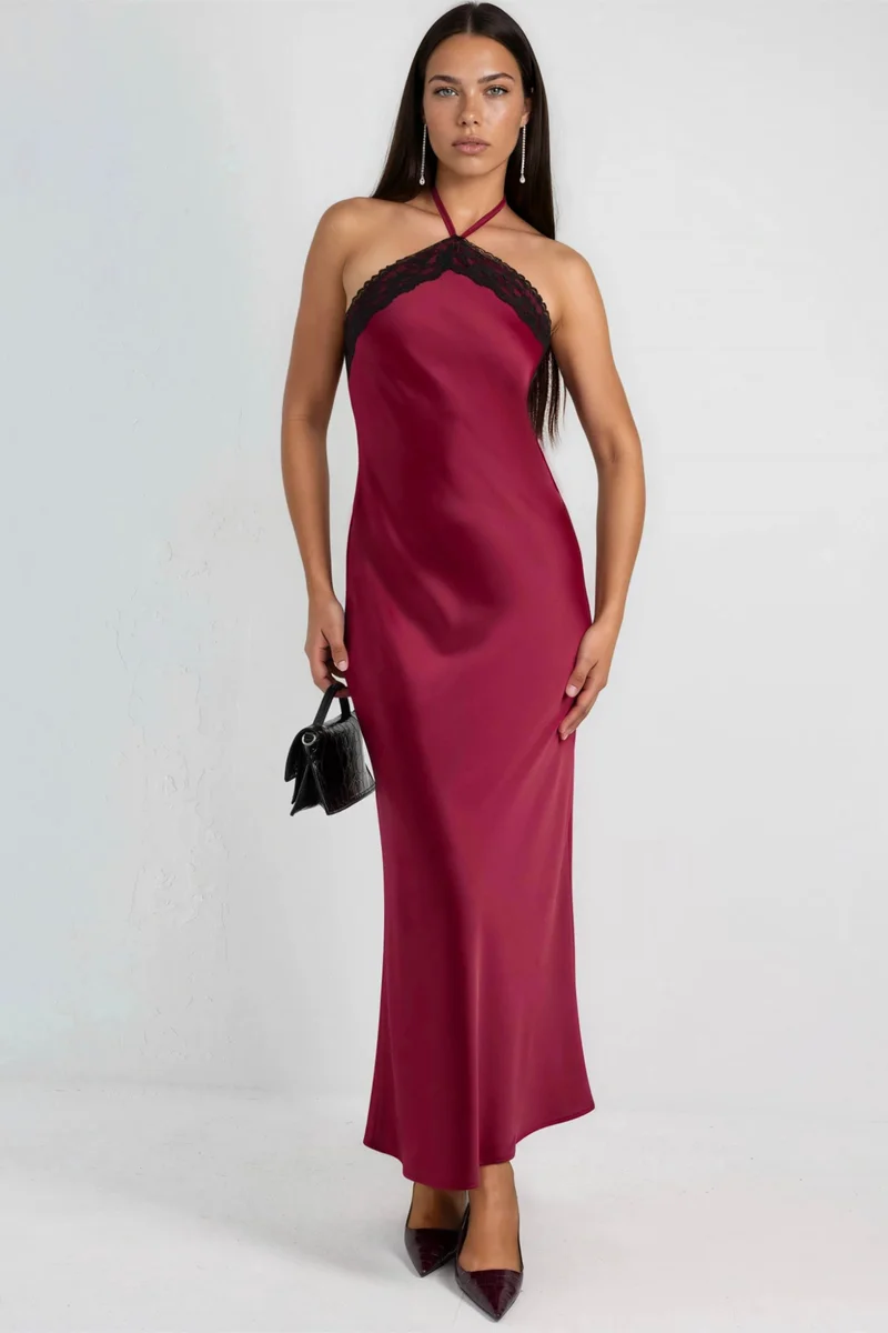Hiccup Burgundy Red Maxi Dress with Halter Collar and Lace Detail for Women | Best Price UAE