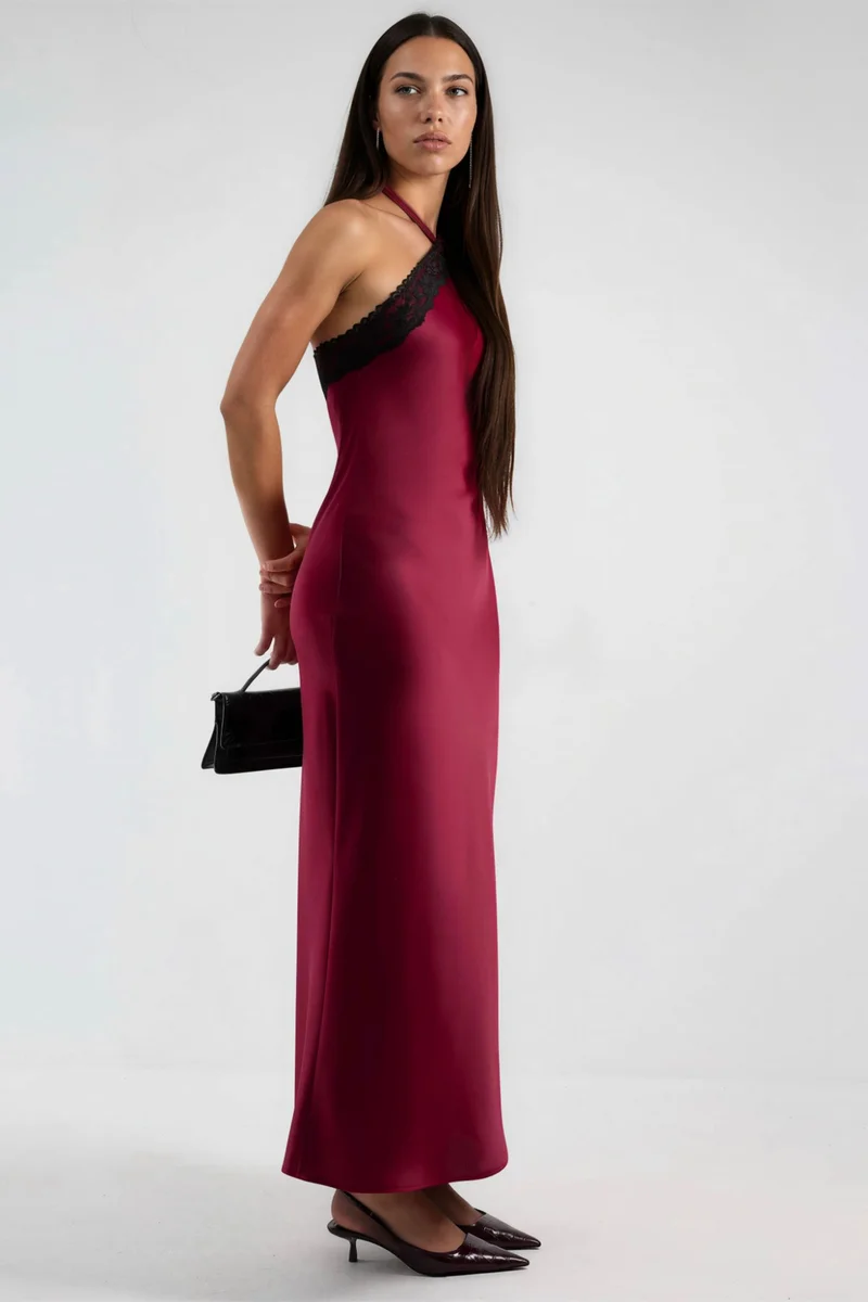 Hiccup Burgundy Red Maxi Dress with Halter Collar and Lace Detail for Women | Best Price UAE