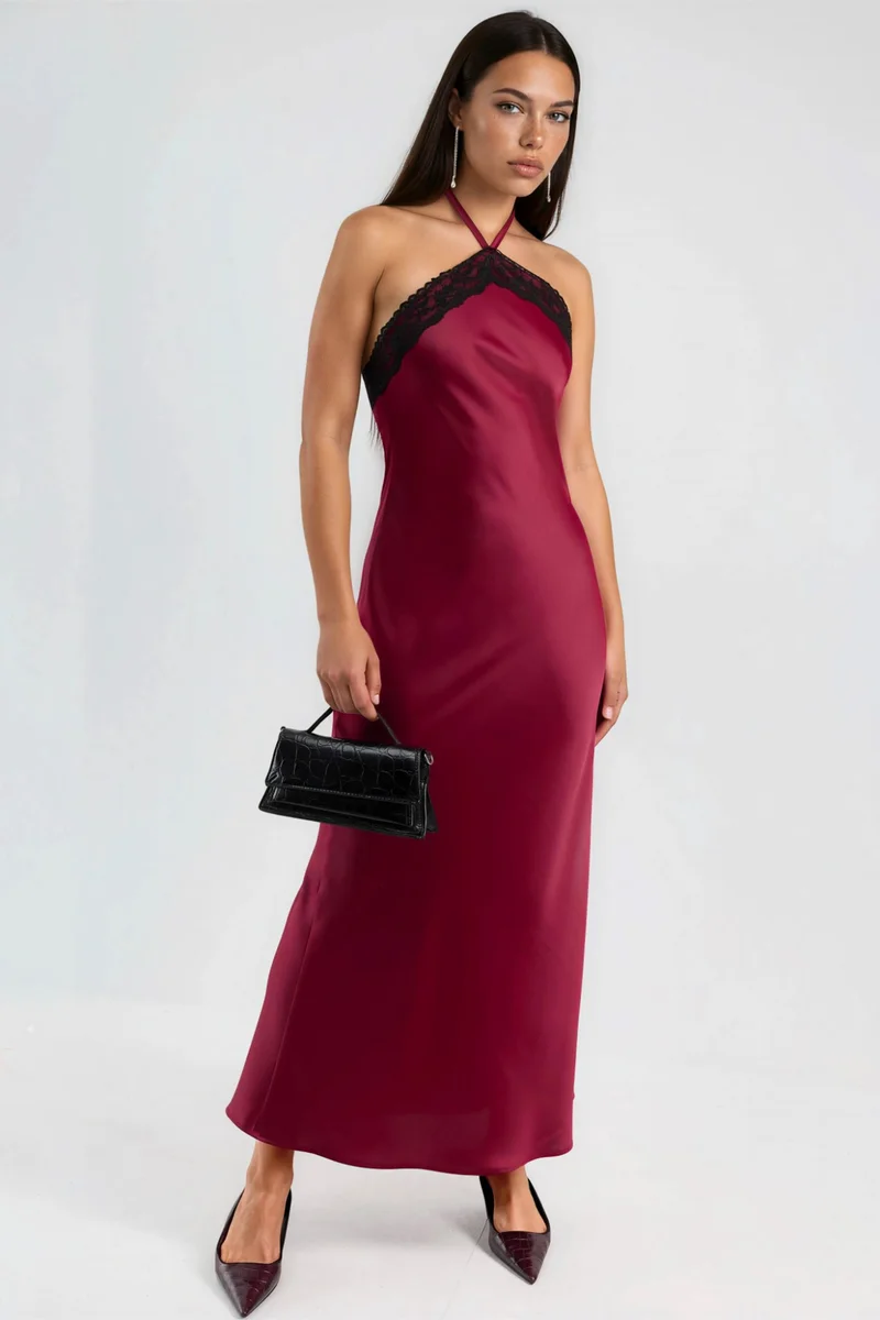 Hiccup Burgundy Red Maxi Dress with Halter Collar and Lace Detail for Women | Best Price UAE
