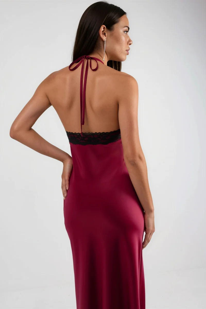 Hiccup Burgundy Red Maxi Dress with Halter Collar and Lace Detail for Women | Best Price UAE