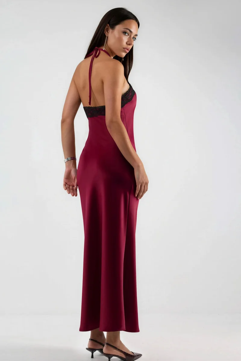 Hiccup Burgundy Red Maxi Dress with Halter Collar and Lace Detail for Women | Best Price UAE