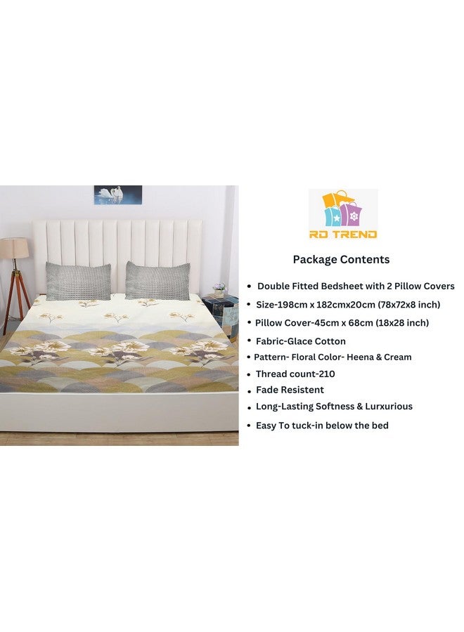 RD TREND® تقدم ملاءة سرير فاخرة من قطن جلاسي سوبر ناعمة 210 TC بحجم كينغ (78X72X8 بوصة) مع 2 غطاء وسادة (هينا فلورال، كينغ فيتد) - Image 5