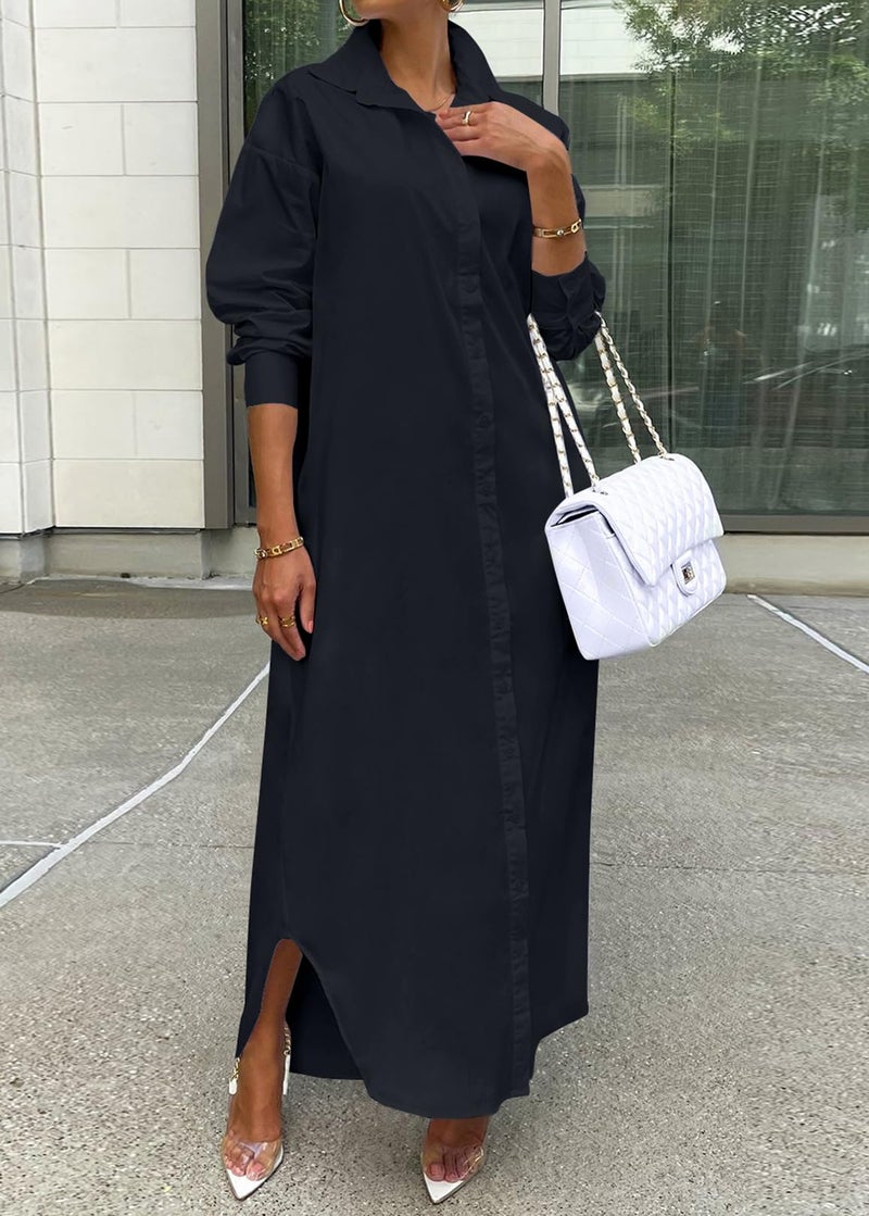 Choichic Button Down Dress for Women Casual Long Sleeve Collared Solid Color Loose Long Shirts Plus Size Maxi Dresses Large Black - Image 2