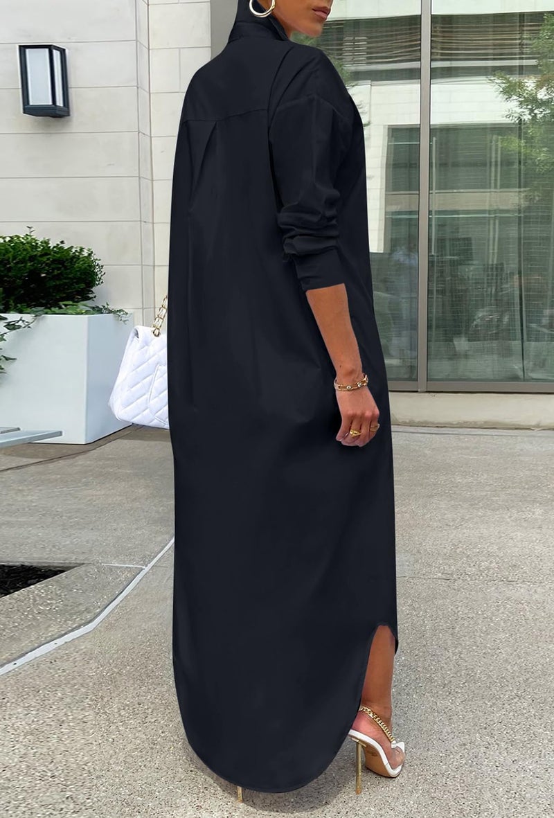 Choichic Button Down Dress for Women Casual Long Sleeve Collared Solid Color Loose Long Shirts Plus Size Maxi Dresses Large Black - Image 3