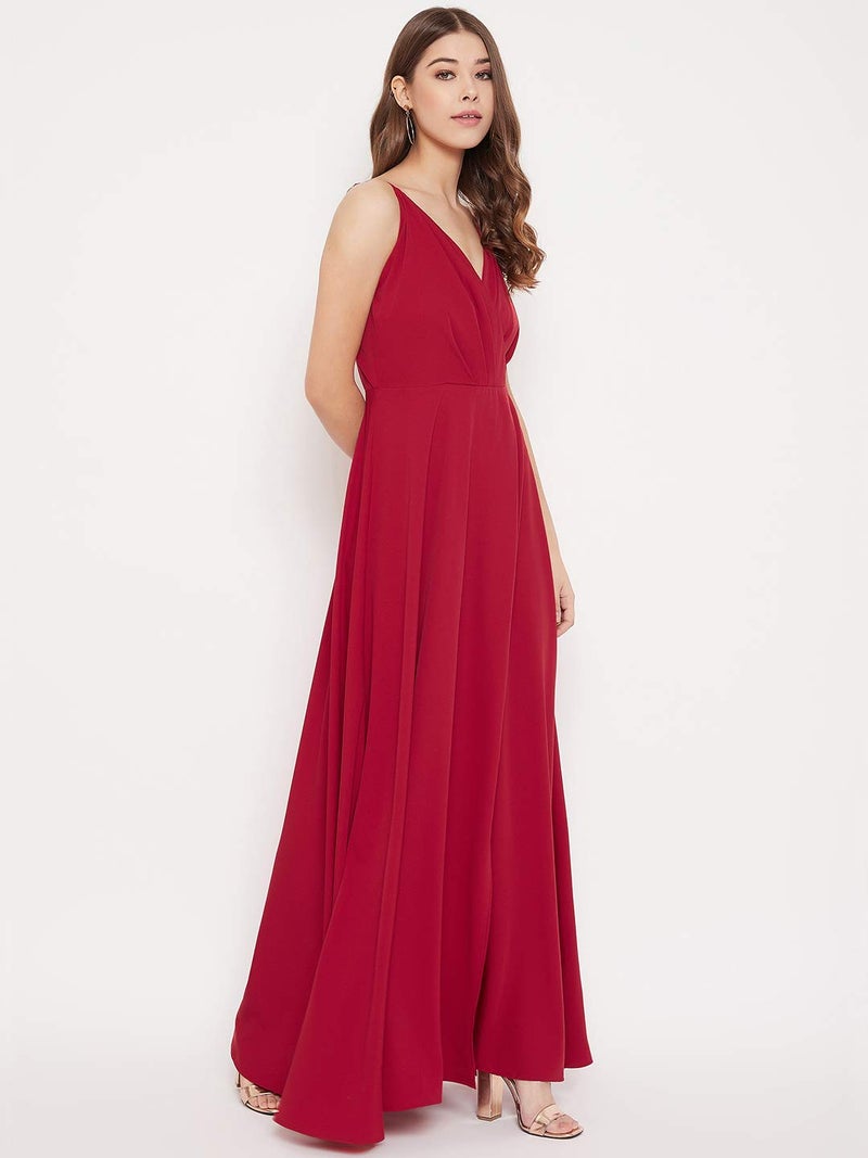 Berrylush Red Solid V Neck Maxi Dress_Red_Small - Image 2