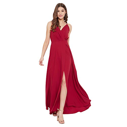 Berrylush Red Solid V Neck Maxi Dress_Red_Small - Image 1