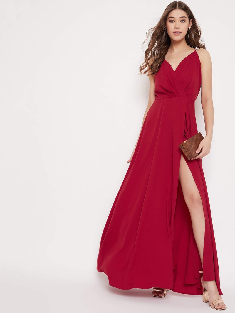Berrylush Red Solid V Neck Maxi Dress_Red_Small - Image 5