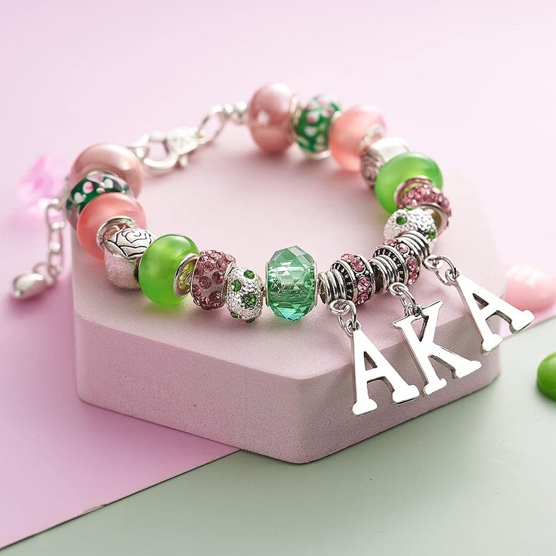 Melix Home AKA Sorority Gifts for Women Paraphernalia Sorority Bracelet Pink and Green Jewelry Greek Crystal Charm, Medium, Metal, zinc alloy - Image 3
