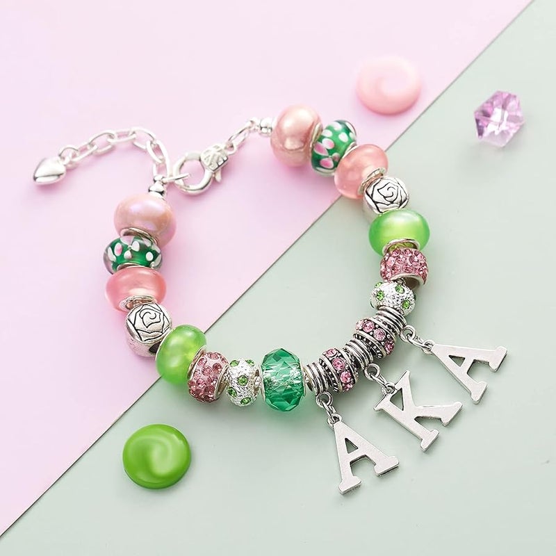 Melix Home AKA Sorority Gifts for Women Paraphernalia Sorority Bracelet Pink and Green Jewelry Greek Crystal Charm, Medium, Metal, zinc alloy - Image 2