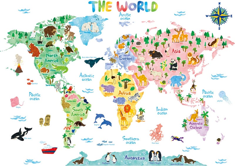 DECOWALL SG2-1615S Animal World Map Kids Wall Decals Wall Stickers Peel and Stick Removable Wall Stickers for Kids Nursery Bedroom Living Room (Large) - Image 1