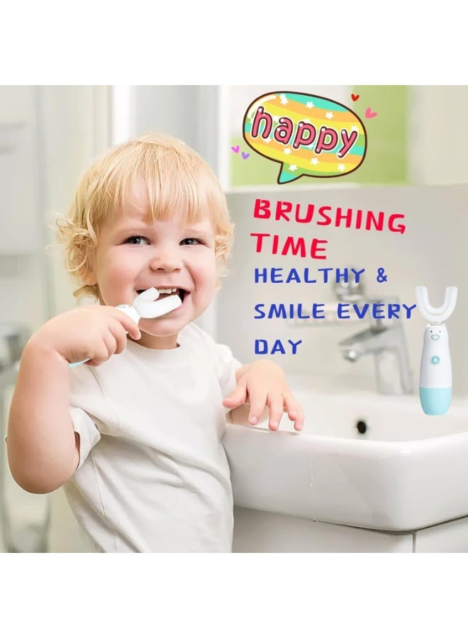 فرشاة أسنان كهربائية للأطفال، فرشاة أسنان للرضع مقاومة للماء تعمل بالبطارية، فرشاة أسنان أوتوماتيكية اهتزازية بزاوية 360 على شكل U للأطفال من عمر 2 إلى 7 سنوات للأولاد والبنات (أزرق) - Image 4