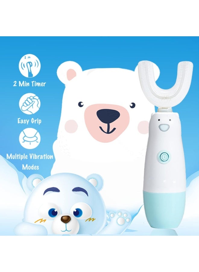 فرشاة أسنان كهربائية للأطفال، فرشاة أسنان للرضع مقاومة للماء تعمل بالبطارية، فرشاة أسنان أوتوماتيكية اهتزازية بزاوية 360 على شكل U للأطفال من عمر 2 إلى 7 سنوات للأولاد والبنات (أزرق) - Image 3