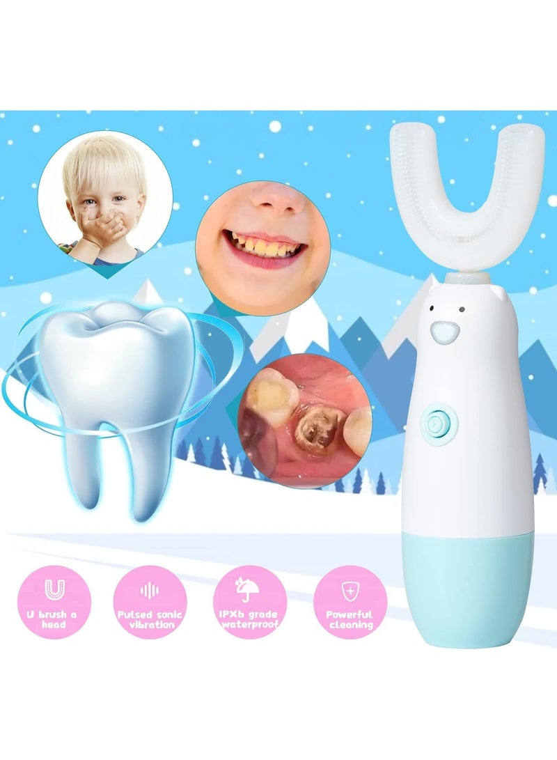 فرشاة أسنان كهربائية للأطفال، فرشاة أسنان للرضع مقاومة للماء تعمل بالبطارية، فرشاة أسنان أوتوماتيكية اهتزازية بزاوية 360 على شكل U للأطفال من عمر 2 إلى 7 سنوات للأولاد والبنات (أزرق) - Image 2