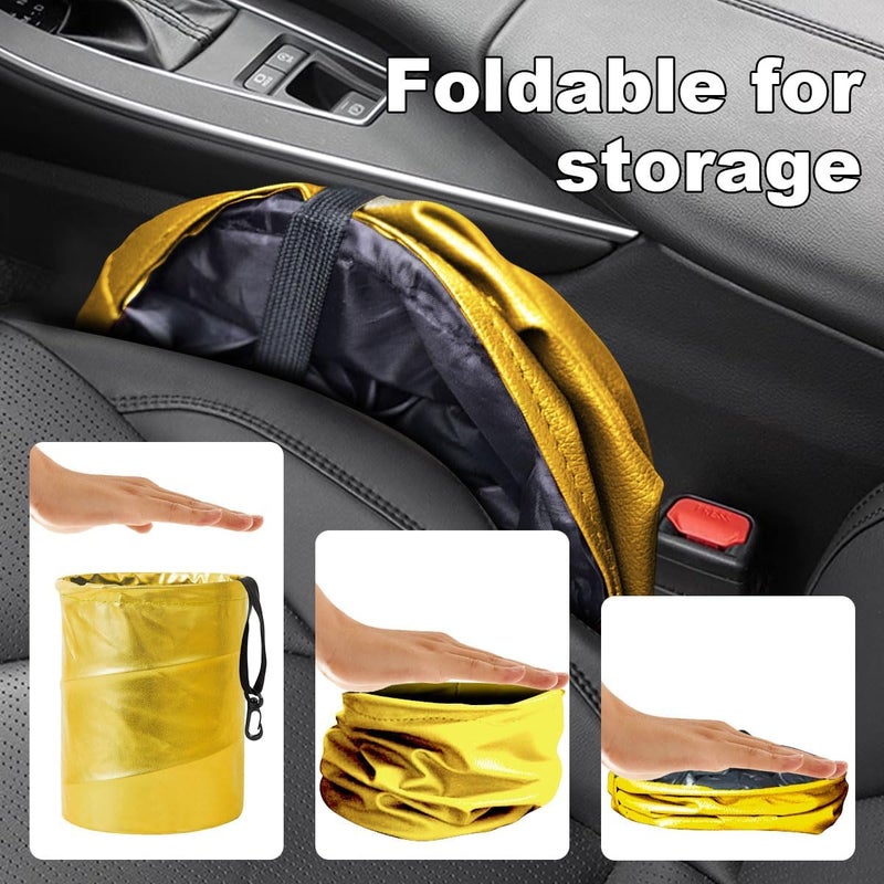 LHDOS Car Trash Can, PU Leather Waterproof Leak Proof Car Garbage Can, Collapsible Pop Up Car Trash Bin, Multipurpose Foldable Car Trash Bag, Portable Storage Bag for Car Interior Hanging (Gold) - Image 2