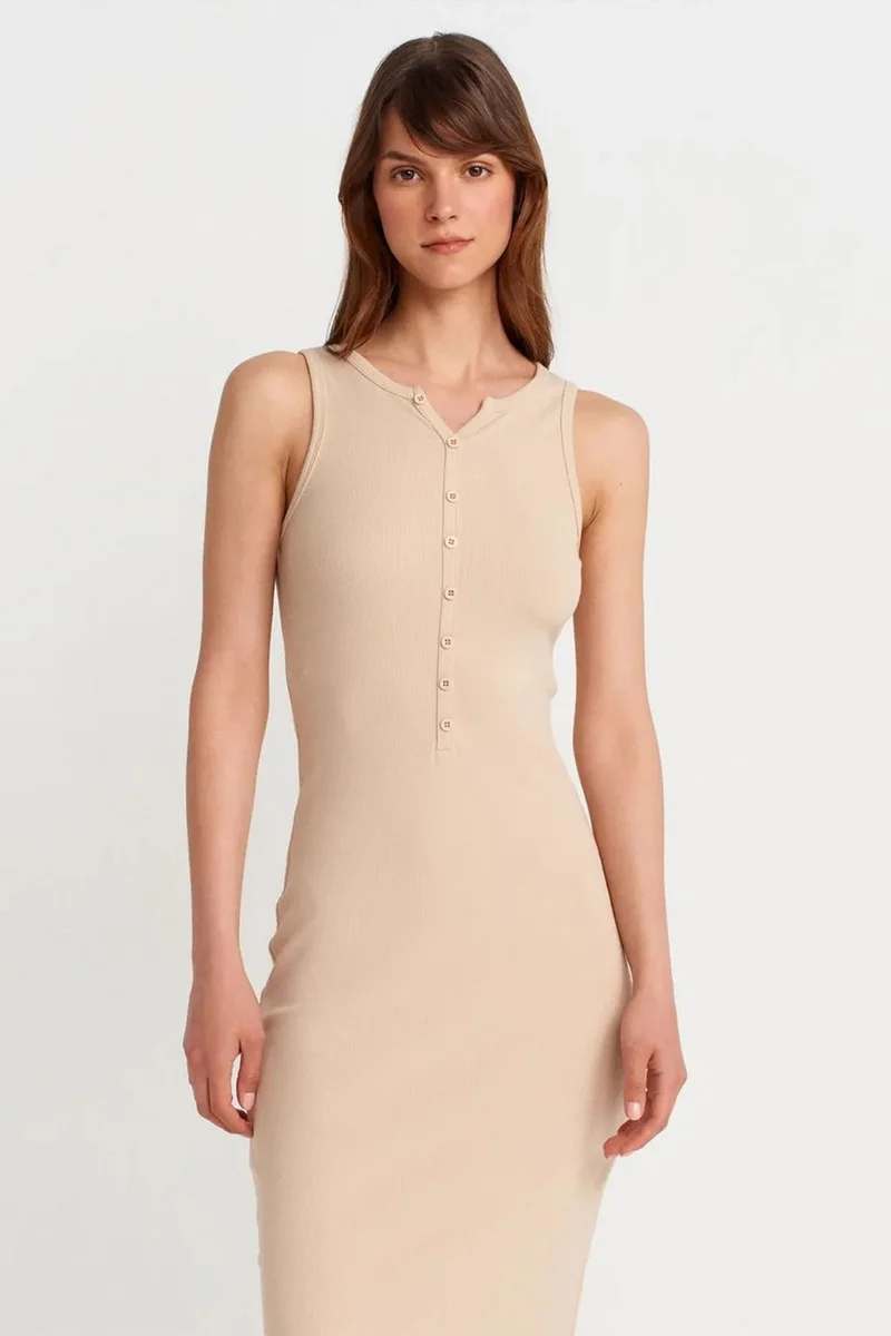 Dilvin Beige Natural DILVIN Ribbed Cotton Blend Sleeveless Maxi Dress for Women | Best Price UAE