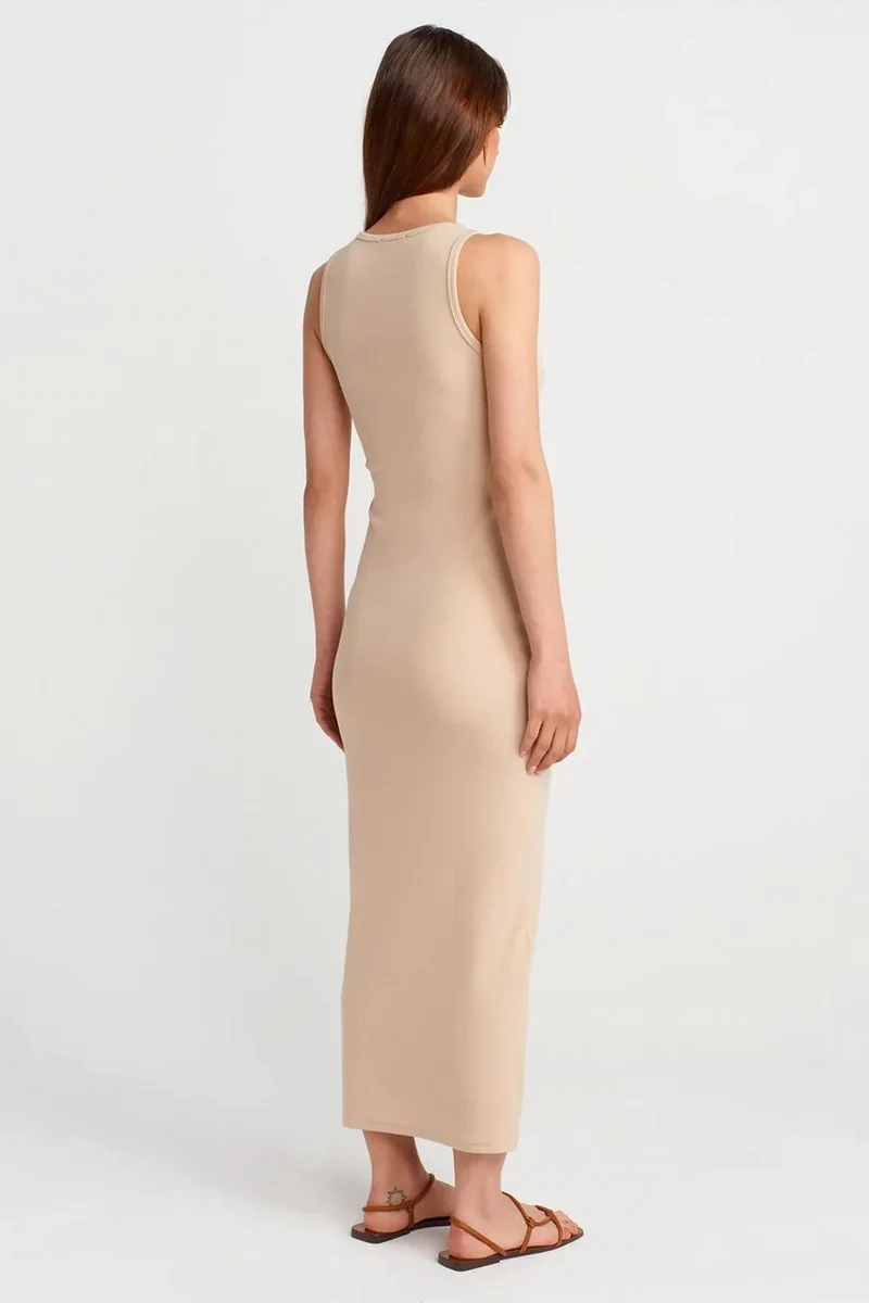Dilvin Beige Natural DILVIN Ribbed Cotton Blend Sleeveless Maxi Dress for Women | Best Price UAE