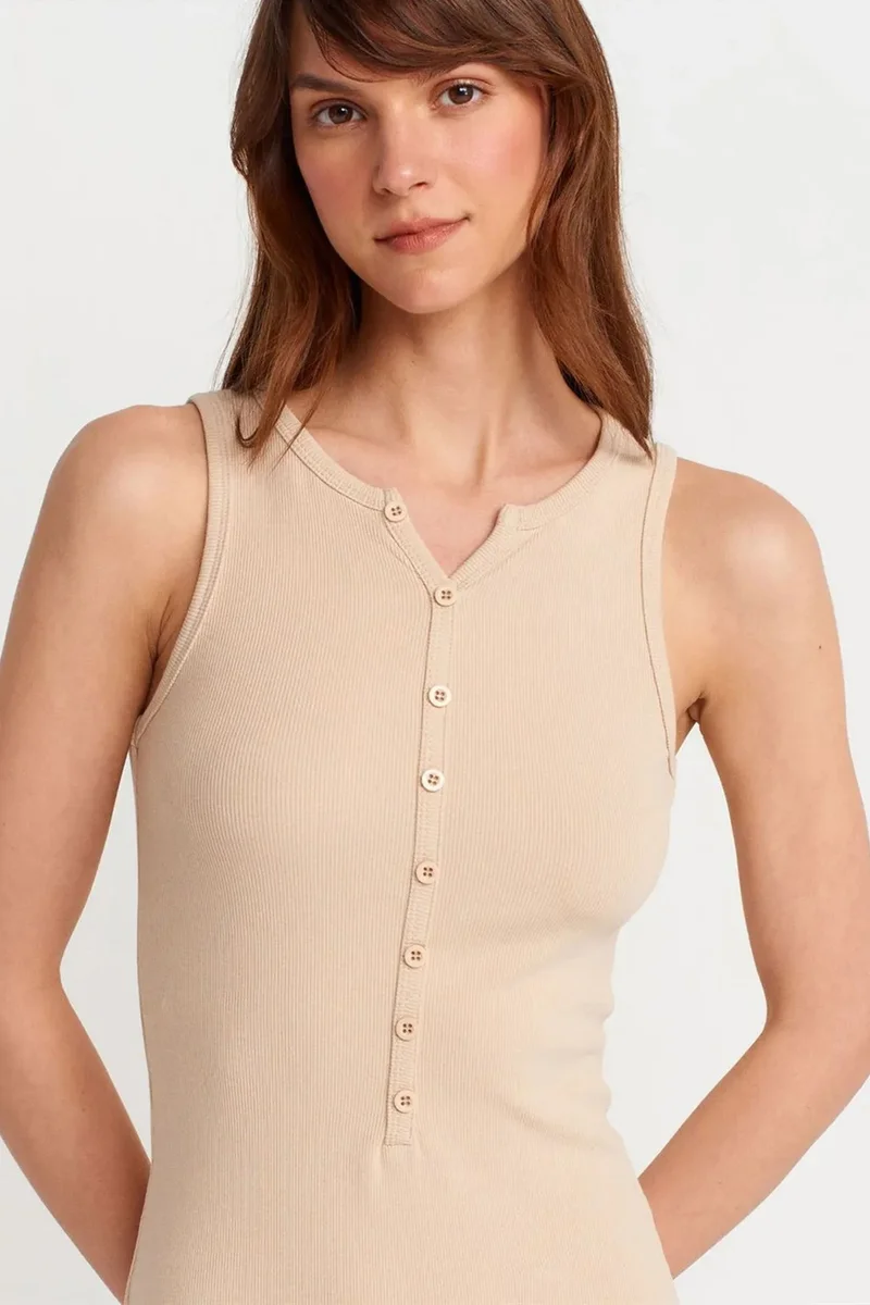Dilvin Beige Natural DILVIN Ribbed Cotton Blend Sleeveless Maxi Dress for Women | Best Price UAE