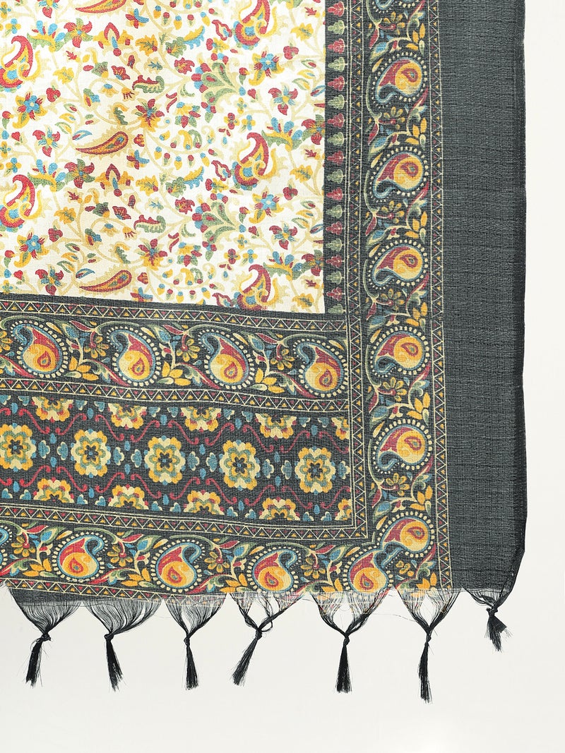 جلو باص شال نسائي أبيض مزين بالزهور من الحرير بشراريب على الحواف - Image 4