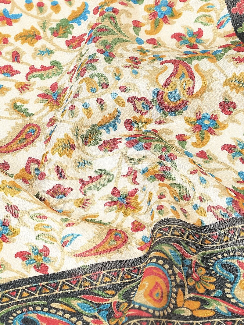 جلو باص شال نسائي أبيض مزين بالزهور من الحرير بشراريب على الحواف - Image 3