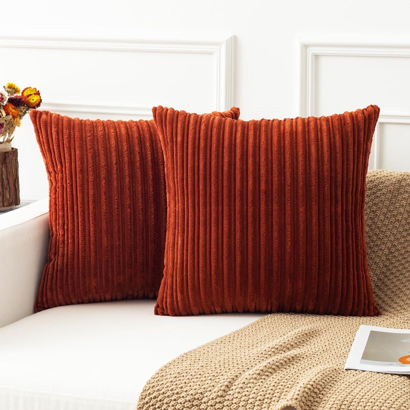 K KEVIN TEXTILE Kevin Textile Fall Pillow Covers Square Striped Corduroy Autunm Decor Couch Cushion Pillowcases for Living Room Toddler  2 Packs  Burnt Brick (55x55 cm  22 inch)  - Image 1
