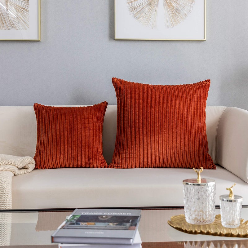 K KEVIN TEXTILE Kevin Textile Fall Pillow Covers Square Striped Corduroy Autunm Decor Couch Cushion Pillowcases for Living Room Toddler  2 Packs  Burnt Brick (55x55 cm  22 inch)  - Image 4