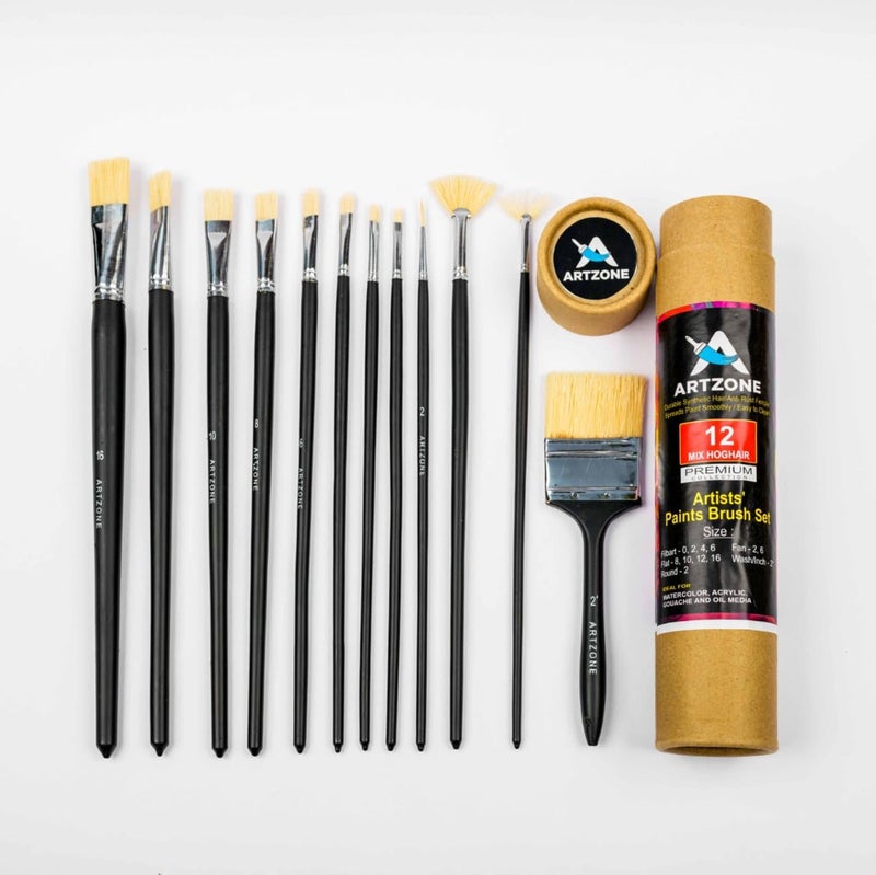 Art Zone Handmade Natural Hoghair Mix Paint Brush Set Long Handle Brushes for Oil Acrylic and Mix Media Painting Set of 12 Matte Black  - Image 1