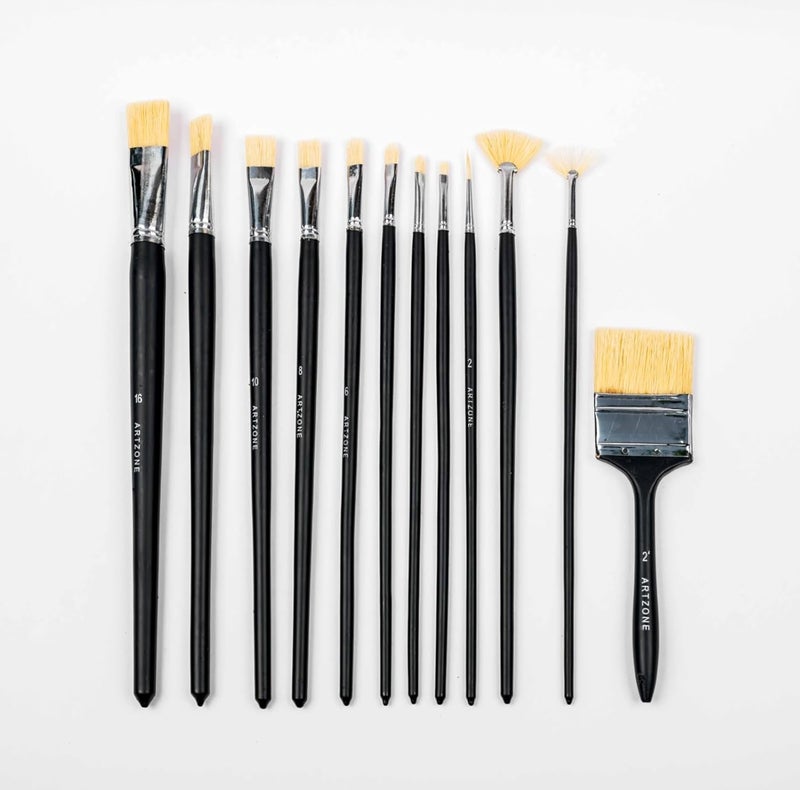 Art Zone Handmade Natural Hoghair Mix Paint Brush Set Long Handle Brushes for Oil Acrylic and Mix Media Painting Set of 12 Matte Black  - Image 4