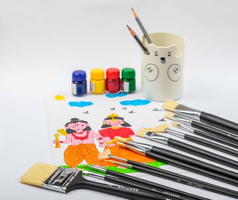 Art Zone Handmade Natural Hoghair Mix Paint Brush Set Long Handle Brushes for Oil Acrylic and Mix Media Painting Set of 12 Matte Black  - Image 5