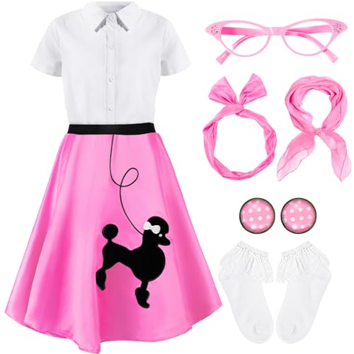 Silicherry 1950s Kids Poodle Skirt 50s Sock Hop Costume with Shirt Scarf Headband Earrings Glasses Socks(10-12 Years,Pink) - Image 1