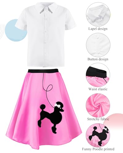 Silicherry 1950s Kids Poodle Skirt 50s Sock Hop Costume with Shirt Scarf Headband Earrings Glasses Socks(10-12 Years,Pink) - Image 4