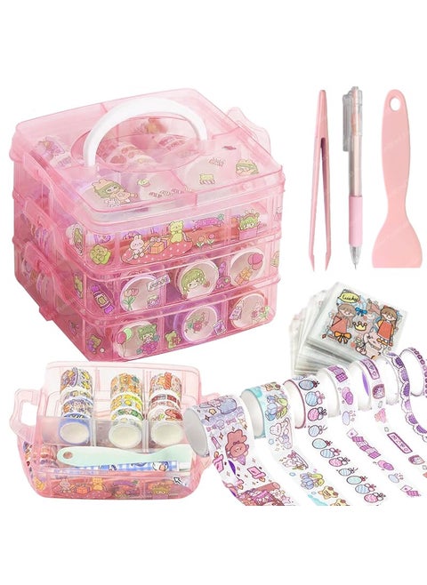 FunBlast Washi Tape Set - 100 Pcs Designer Decorative Masking Tapes with 20 Pcs Kawaii Stickers, Tweezer, Pen and Spatula in 3 Layer Box, Tapes for DIY Art & Crafts, Wrapping (B)