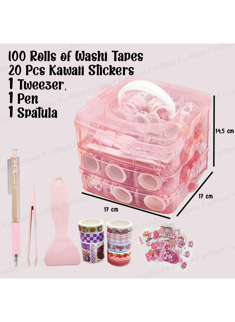 FunBlast - FunBlast Washi Tape Set - 100 Pcs Designer Decorative Masking Tapes with 20 Pcs Kawaii Stickers, Tweezer, Pen and Spatula in 3 Layer Box, Tapes for DIY Art & Crafts, Wrapping (B) - Image 1
