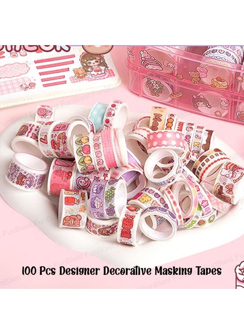 FunBlast - FunBlast Washi Tape Set - 100 Pcs Designer Decorative Masking Tapes with 20 Pcs Kawaii Stickers, Tweezer, Pen and Spatula in 3 Layer Box, Tapes for DIY Art & Crafts, Wrapping (B) - Image 1