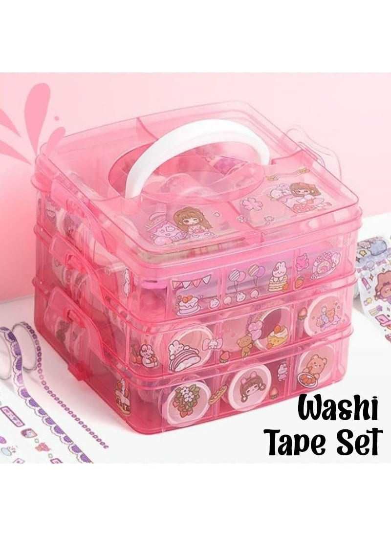 FunBlast - FunBlast Washi Tape Set - 100 Pcs Designer Decorative Masking Tapes with 20 Pcs Kawaii Stickers, Tweezer, Pen and Spatula in 3 Layer Box, Tapes for DIY Art & Crafts, Wrapping (B) - Image 1