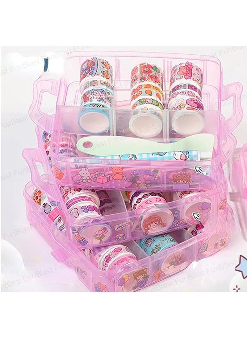 FunBlast - FunBlast Washi Tape Set - 100 Pcs Designer Decorative Masking Tapes with 20 Pcs Kawaii Stickers, Tweezer, Pen and Spatula in 3 Layer Box, Tapes for DIY Art & Crafts, Wrapping (B) - Image 1