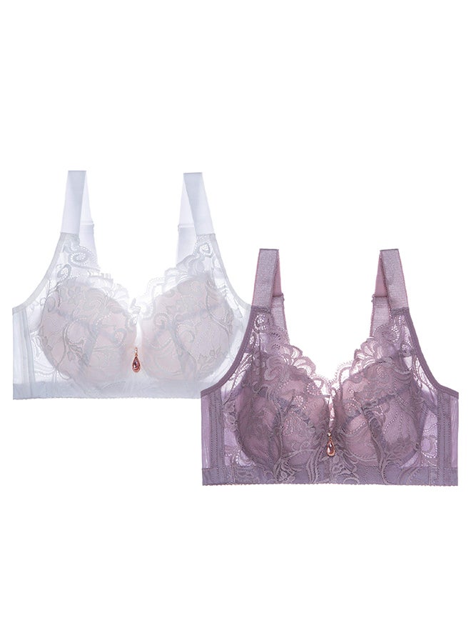 MARGOUN 2 Pack For Women's Small Size Lace Bra Wide Straps Wireless Bralettes with Full Cup Pads Bras for Ladys Women 36/80 Purple White - Image 2