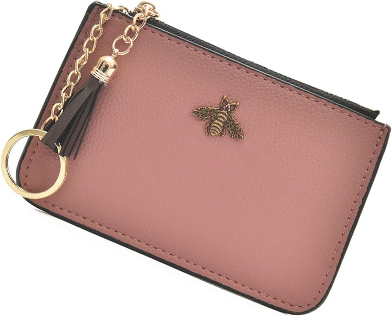AnnabelZ Coin Purse Change Wallet Pouch Leather Card Holder with Key Chain Tassel Zip(Pink) - Image 1
