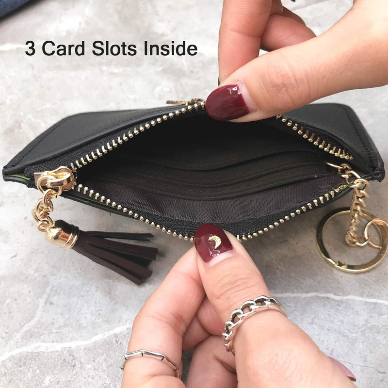 AnnabelZ Coin Purse Change Wallet Pouch Leather Card Holder with Key Chain Tassel Zip(Pink) - Image 4