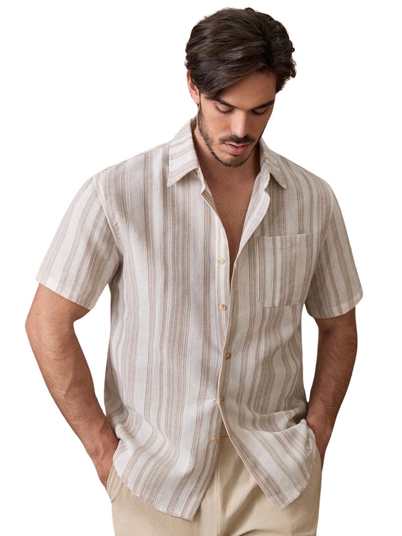 Lymio Shirt for Men || Regular Fit Stylish Shirt for Men (Lilen-Strip-Khakhi-M) - Image 1